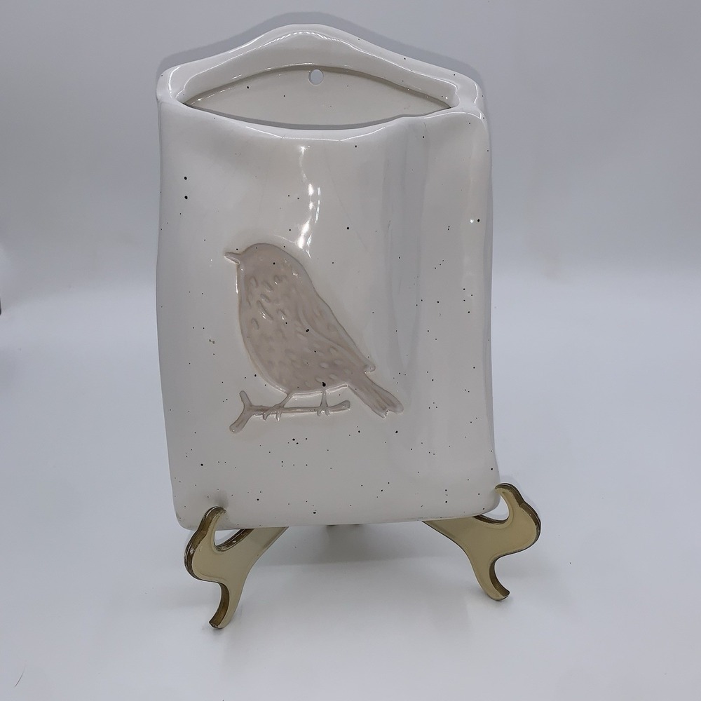 Creative Co-Op Bird Stoneware Planter Wall Pocket White Ceramic Key Hole Hanging